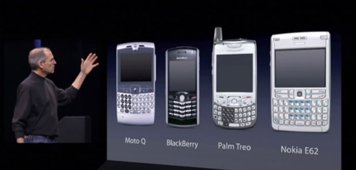 Steve Jobs launching the iPhone in 2007, showing competitors' phones
