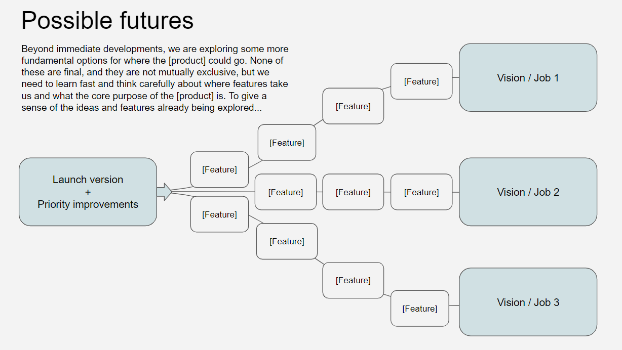 Redacted 'possible futures' roadmap showing branching paths of features