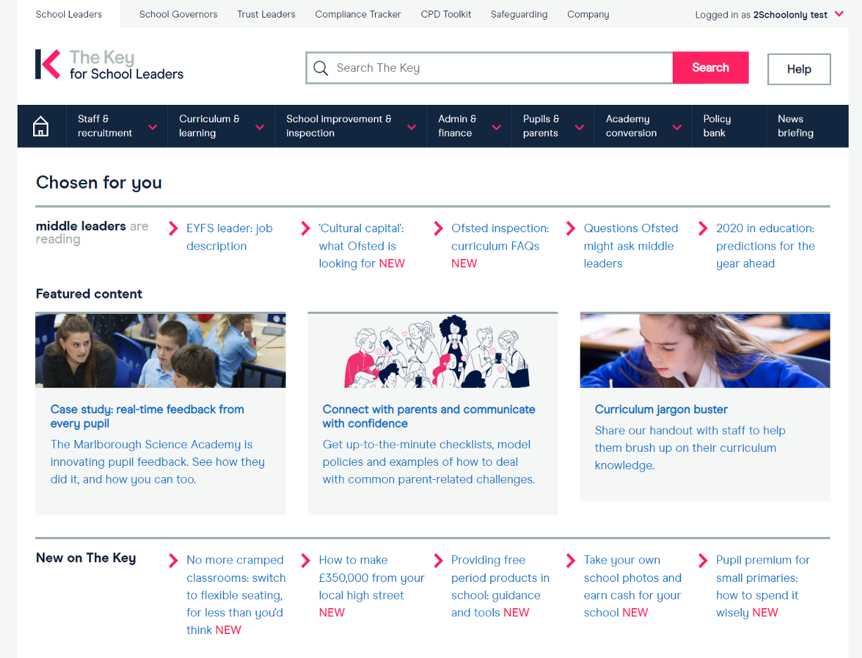 The Key for School Leaders homepage today